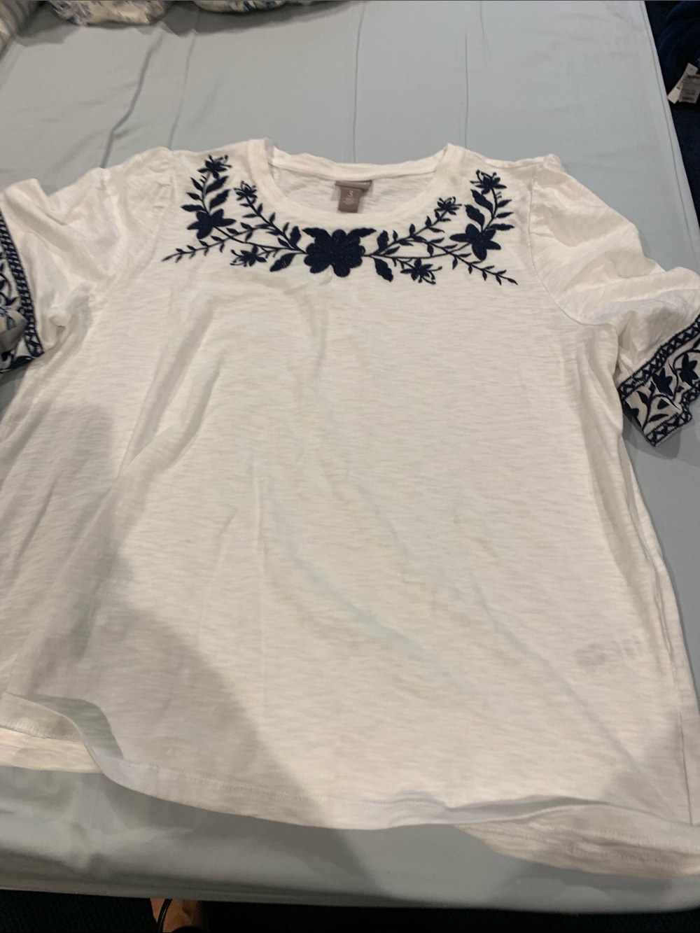 Chico's White Short-Sleeve Tee with Navy Floral Embroidery